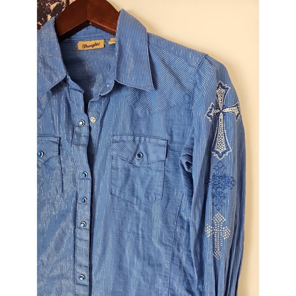 WRANGLER Women's Sz Small Western Blue Snap Buttons Long Sleeves Metallic Stripe